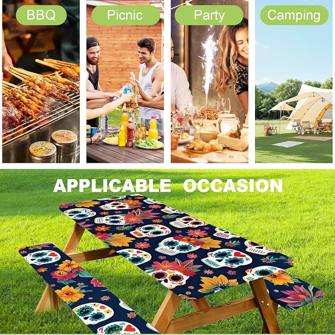 ANNA QUEEN Day of The Dead Sugar Skull 6FT Picnic Table Cover, 72"x30" 3PCS Bench and Table Cover Set, Waterproof Halloween Camping Outdoor Decor