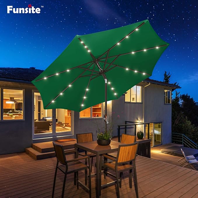 Patio Umbrella with Solar Lights, 9ft, 24 LED, Grass Green, Outdoor Umbrella with Push Botton Tilt & Crank, Heavy-Duty, Vented, Ideal for Garden, Backyard & Pool