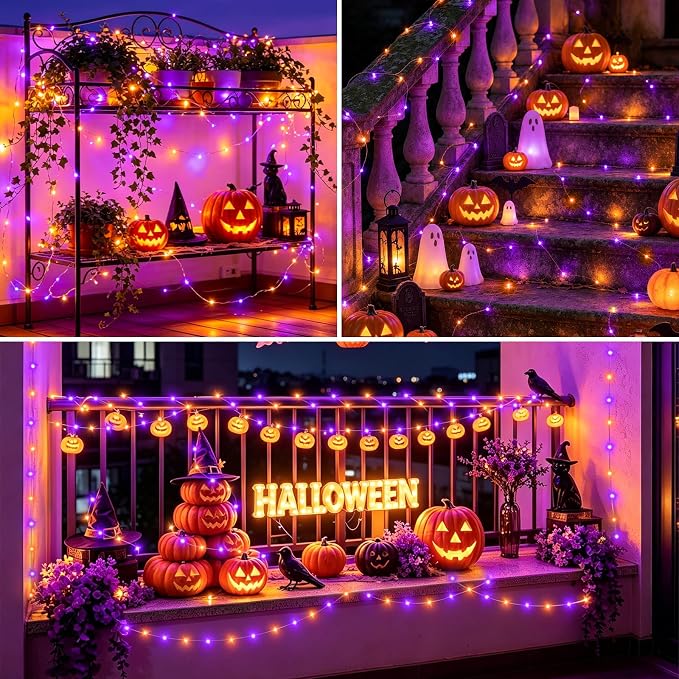 YEGUO 4 Pack Halloween Solar Fairy Lights, Each 33ft 100 LED Orange and Purple Christmas Lights Outdoor Waterproof, 8 Modes Sliver Wire Solar String Lights