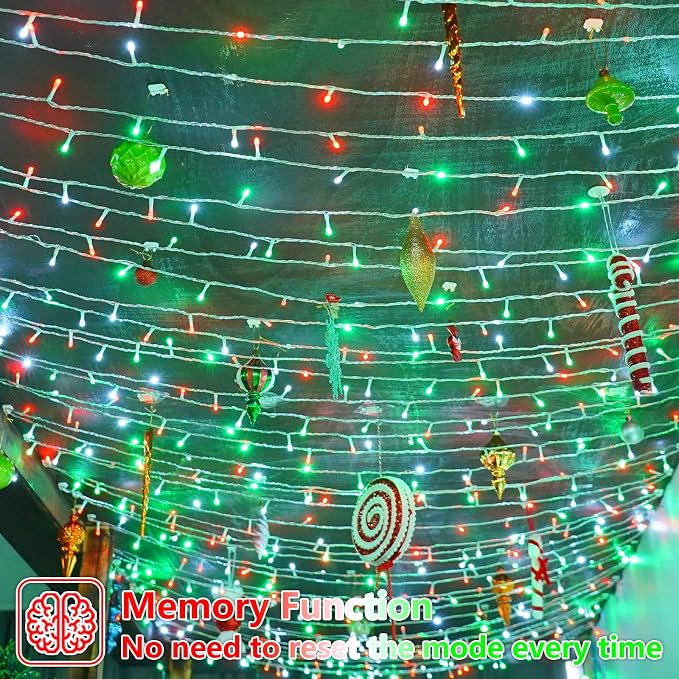YEGUO 165ft 500 LED String Lights Outdoor Waterproof, Clear Wire Christmas Lights Indoor Plug in, 8 Modes Fairy Light for Bedroom Classroom Party Tree Decor(Red White and Green)