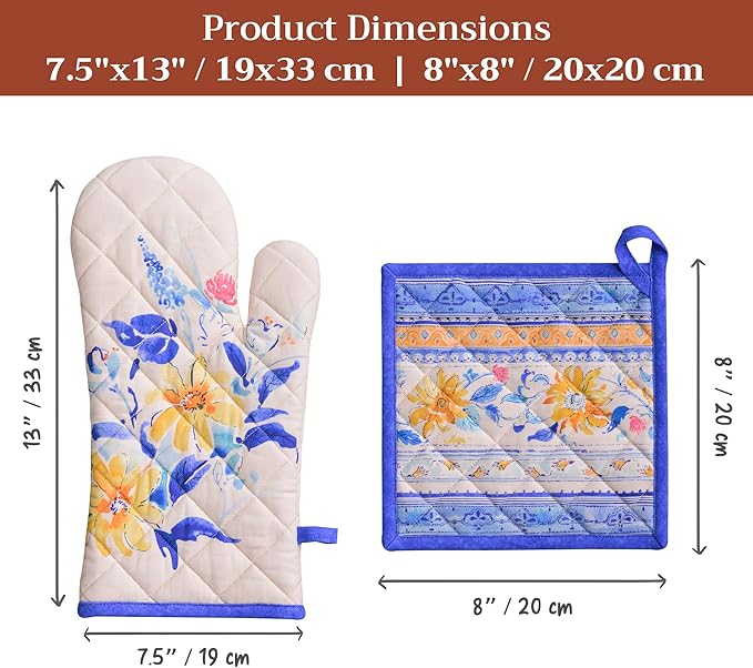 Maison d' Hermine 100% Cotton Oven Mitt & Pot Holder Set (7.5"x13" & 8"x8") Heat Resistant BBQ Cooking Gloves with Loop Baking Grilling Kitchen Hotel Home Farmhouse Spring Summer (Girassol)