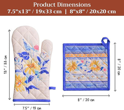 Maison d' Hermine 100% Cotton Oven Mitt & Pot Holder Set (7.5"x13" & 8"x8") Heat Resistant BBQ Cooking Gloves with Loop Baking Grilling Kitchen Hotel Home Farmhouse Spring Summer (Girassol)