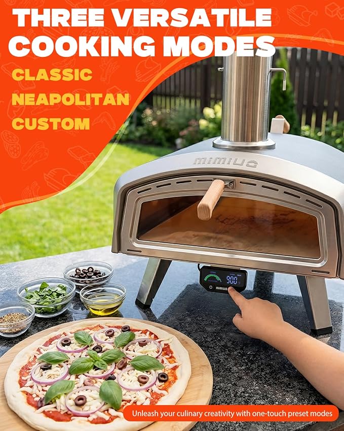 Mimiuo Smart 16" Wood/Charcoal Pizza Oven w/Temp Display – 3 Modes °C/°F | Digital Display Panel, 3 Cooking Modes (Classic/Neapolitan/Custom), Celsius/Fahrenheit Switch, Color-Coded Guide