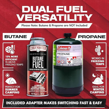 Chef Master Grill Boss Dual Fuel Camping Stove, Butane & Propane, 12000 BTU | Single Burner Gas Cooker, Propane Adapter Included, Works Below Freezing, Double Wind Guard, Piezo Ignition, Hiking, 90057