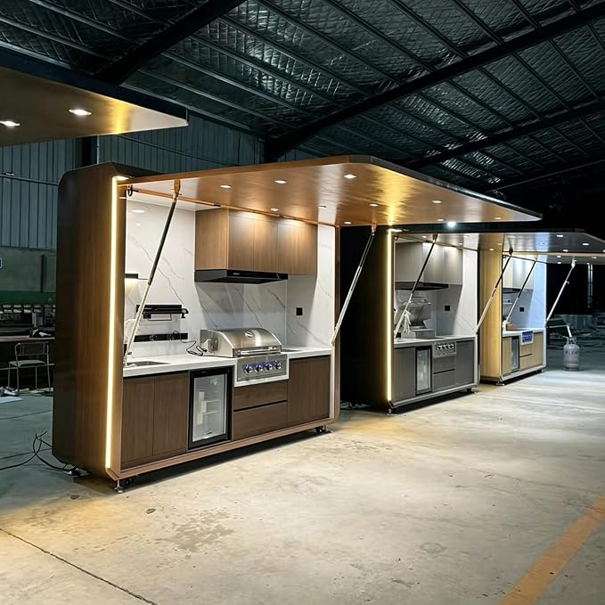 Modular Prefab Outdoor Kitchen Island Kits with Roof, Sink, Grill Station, Storage Cabinet, Burners, Stainless Steel Patio Cooking Pod for Backyard Entertaining