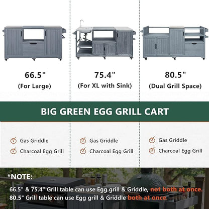 LUMISOL Outdoor Grill Cart with Stainless Steel Top, for Big Green Egg, Rolling Kitchen Island for 21"/28" Blackstone Griddle, 80.5" Solid Wood Kitchen Table with Drawer, Grey+Blue