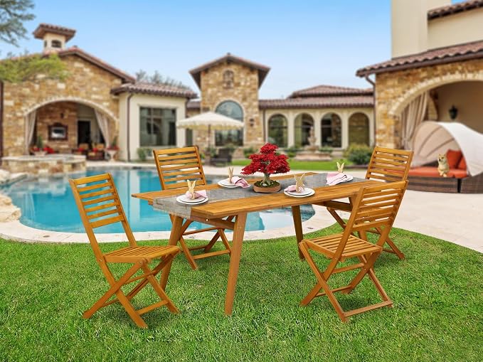 East West Furniture DEBS5CWNA 5 Piece Outdoor Patio Dining Sets Includes a Rectangle Acacia Wood Table and 4 Folding Side Chairs, 40x72 Inch, Natural Oil