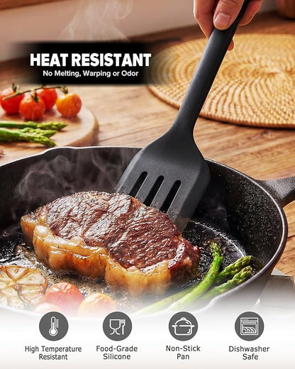 Silicone Kitchen Utensils Set, Heat Resistant Cooking Utensil with Spoon, Scraper, Spatula, Basting Brush & Tongs, BPA-free Non-stick Cookware for Frying, Basting, Serving, Grilling (6 Pack) (BLACK)