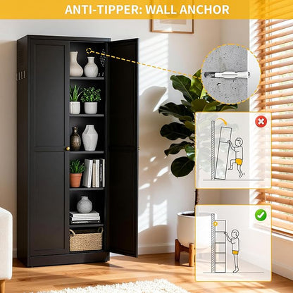 72" Metal Storage Cabinet, Large Capacity Pantry Cabinet with 6-Tier, Kitchen Storage Cabinet with 2 Doors and 5 Adjustable Shelves for Home, Kitchen, Dining, Living Room (Black)