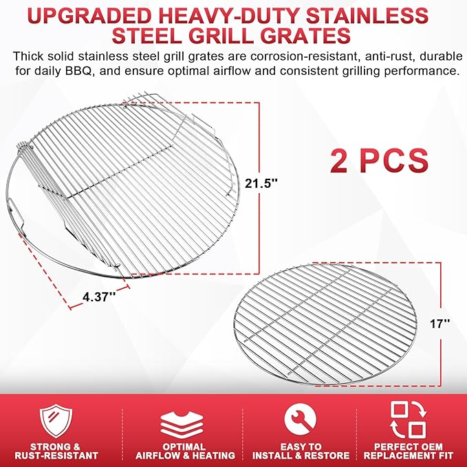 Round Grill Grate for Weber 22" Original Kettle Charcoal Grills, 7436 Cooking Grate & 7441 Charcoal Grate for Weber Performer/Jumbo Joe Premium/ Master-Touch & Other 22 Kettle Grill Accessories