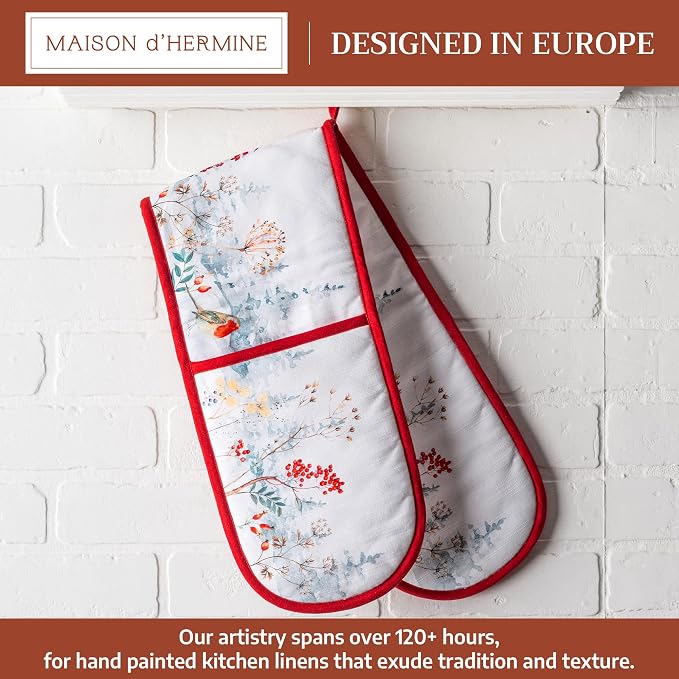 Maison d' Hermine Double Oven Mitts 100% Cotton Double Oven Glove (7"x35") | Heat Resistant BBQ Cooking Gloves with Loop Baking Kitchen Home Hotel Farmhouse Thanksgiving Christmas - Morzine