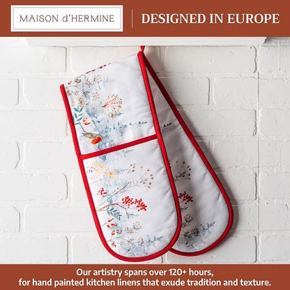 Maison d' Hermine Double Oven Mitts 100% Cotton Double Oven Glove (7"x35") | Heat Resistant BBQ Cooking Gloves with Loop Baking Kitchen Home Hotel Farmhouse Thanksgiving Christmas - Morzine