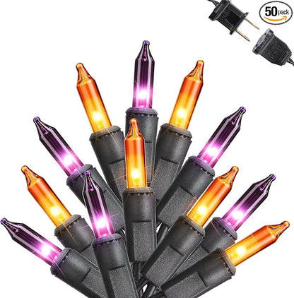 Orange & Purple Halloween Lights, 12.5ft 50 Count Incandescent String Light | UL Certified Connectable Mini Bulbs String Lights for Outdoor, Indoor, Garden, Porch, Party, Home, Halloween Decor