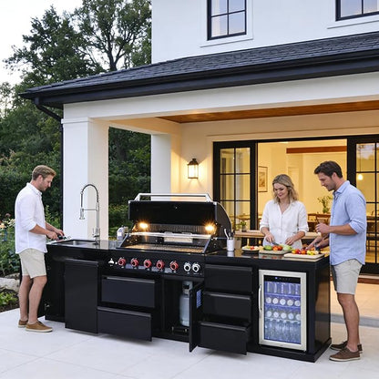 114" Outdoor Kitchen Island with Grill, 6-Burner 83,500 BTU Propane BBQ Island, Refrigerator, Sink with Trash Can Holder & 3-Drawer Cabinet, for Backyard and Patio Cooking, Black