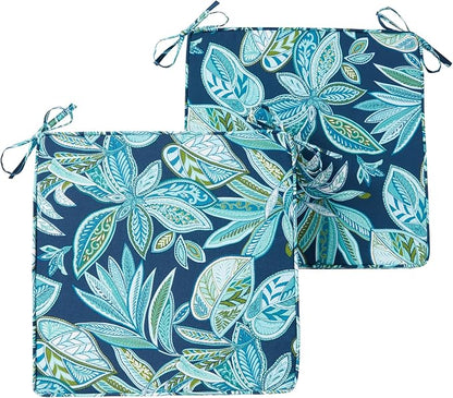 Outdoor 18 inch Square Patio Dining Chair Pads – Comfortable Fiber-Filled Seat Cushions with Ties, Reversible Polyester Fabric - Botanical Crestwood, Set of 2