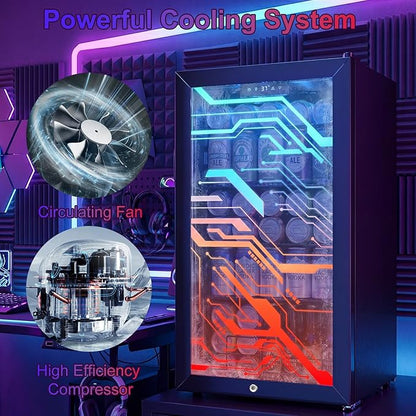 17" Beverage Refrigerator with LED Light Up Door – 128 Can Freestanding Drink Fridge, Small Beer Cooler with 4 Removable Shelves, Child Safety Lockfor Gaming Room Home Bar Party,Cyberpunk