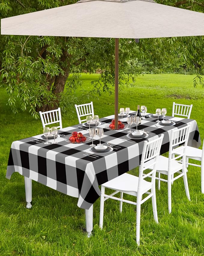 Black and White Checkered Outdoor Tablecloth - 54x80 Inch Rectangle Dining Table Cover, Farmhouse Buffalo Plaid Waterproof Outdoor Table Cloth with Umbrella Hole & Zipper for Picnic/Patio/Party