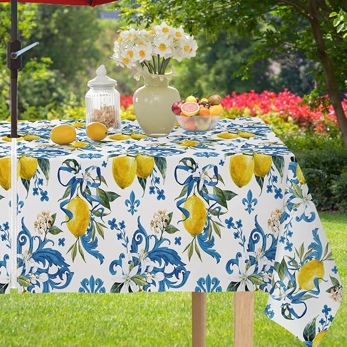SASTYBALE Lemon Outdoor Tablecloth with Umbrella Hole and Zipper Rectangle 60X84 Inch French Country Lemons Flowers Zippered Table Cloth, Fabric Table Cover for Summer/Picnic/Patio/Camping, Blue