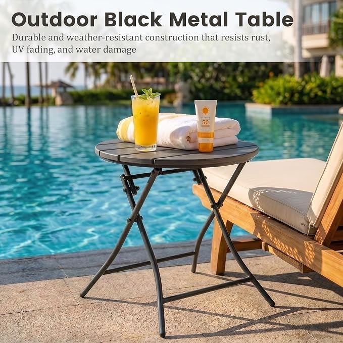TeoKJ Folding Black Small Outdoor Side Tables, HDPS Patio Table | Metal Round Anti Rust Patio Desk, No Assembly Small Nightstand for Yard, Balcony, Lawn, Pool, Lightweight, Black