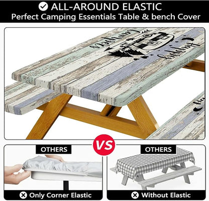 Picnic Table Cover with Bench Covers Elastic Edges, Outdoor Patio Camping Essentials 60 Inch 3PCS, Wooden Camper Fitted Table Cover, Waterproof Rectangle Tablecloth with Drawstring Bag