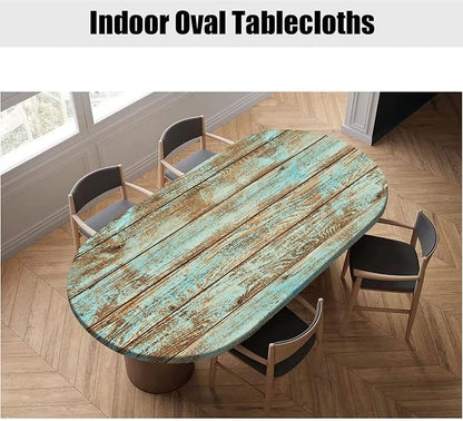 Wood Grain Fitted Oval Tablecloths, Green Rustic Weathered Wooden Planks Windproof Polyester Table Covers, Fits to 48x68 in Tables, Table Cloths for Indoor Restaurant Outdoor Terrace Dining Decor