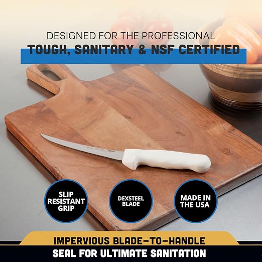 Dexter Russell 1483 Boning Knife, 6" Flexible Curved High Carbon Stain-Free Steel Blade, Textured Non-Slip White Polypropylene Handle, Professional Butcher and Fillet Knife, Made in USA, NSF Certified