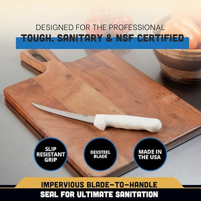 Dexter Russell 1483 Boning Knife, 6" Flexible Curved High Carbon Stain-Free Steel Blade, Textured Non-Slip White Polypropylene Handle, Professional Butcher and Fillet Knife, Made in USA, NSF Certified
