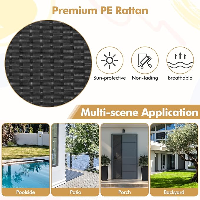 HAPPYGRILL 3 Pieces Wicker Patio Conversation Set, PE Rattan Bistro Sofa Set with Tempered Glass Coffee Table, Washable Cushions, Outdoor Furniture Set for Garden Poolside Balcony (Black)