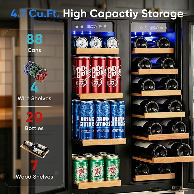 24 Inch Built-in Wine and Beverage Refrigerator Dual Zone | Under Counter Wine Fridge with Glass Door, Digital Touch Panel with °C/°F Switch, Low Noise Cooling for Kitchen, Home Use