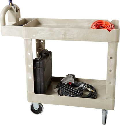 BRUTE Heavy Duty 2-Shelf Utility/Service Cart, Small, Lipped Shelves, Ergonomic Handle, 500 lbs. Capacity, Beige, for Warehouse/Garage/Cleaning/Maintenance