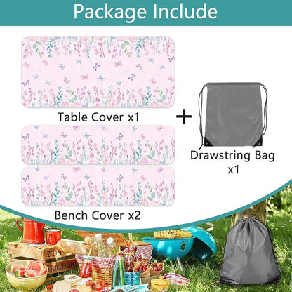 Butterfly Picnic Table Cover with Bench Covers, Camping Essentials, Flower Leaf Plant Waterproof Windproof Table Cover, Fitted Tablecloth Cover with Elastic Edge, for Indoor & Outdoor 3 PCS 30x96 Inch