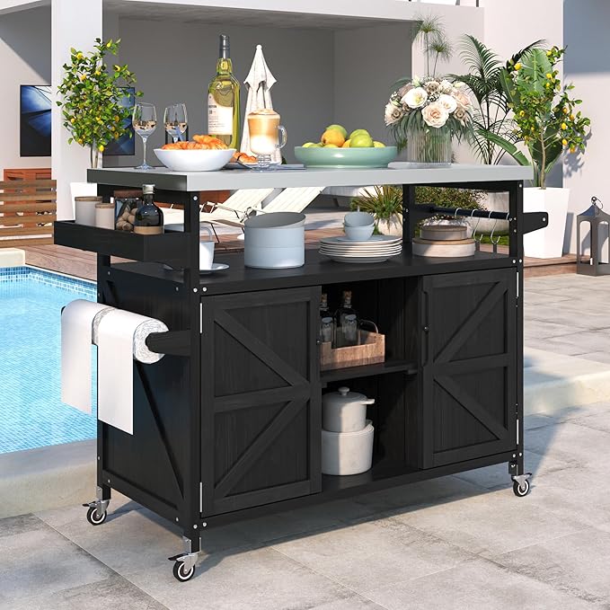 Merax 50" Outdoor Kitchen Grill Cart Island on Wheels with Stainless Steel Top,Farmhouse Style Solid Wood Frame Storage Cabinet for Party