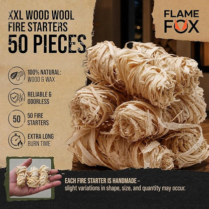 FlameFox Fire Starters 50 pcs – Natural Wood Wool Tumbleweed Fire Starter – Odorless Long Burning and Eco Friendly Firestarters – for Fireplace, Campfire, Grill, BBQ, Charcoal, Wood Stove & Fire Pit