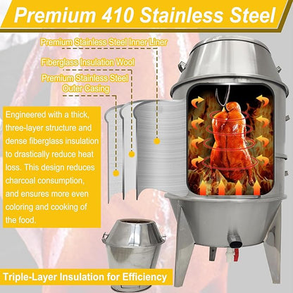 Charcoal Roast Duck Oven Commercial BBQ Roaster, 3-Tier Multifunctional Stainless Steel Grill with Hooks, Tail Pins for Duck/Chicken/Turkey/Pig/Vegetables Roasting in Restaurant/Home/Outdoor