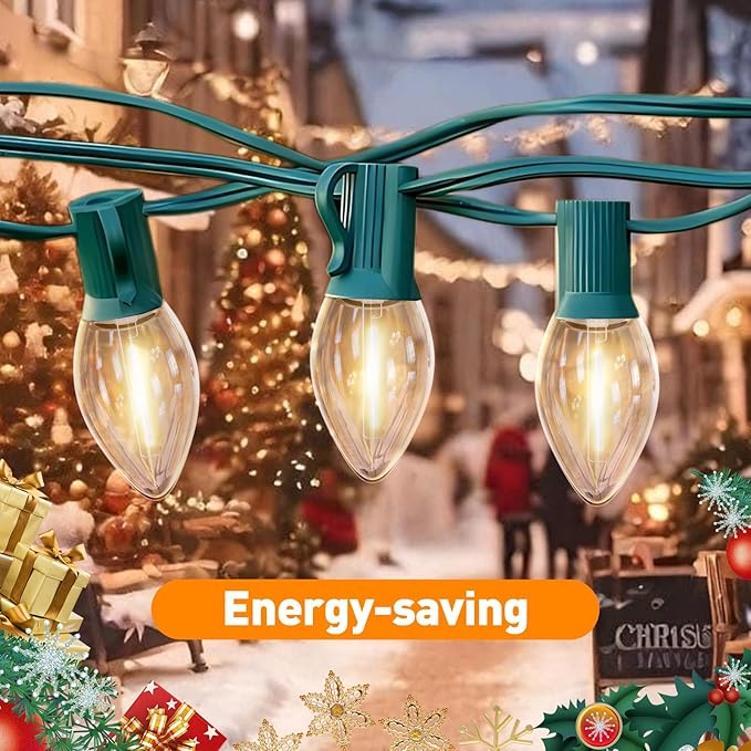 C7 LED Christmas & Halloween Lights - 12FT Outdoor Clear String Lights with 12 Vintage C7 Bulbs, Warm White Hanging Decor for Porch, Garden, Backyard, Balcony, Holiday Party