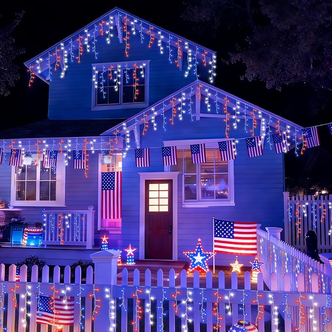 YEGUO 33ft 400 LED Red White and Blue Icicle Lights, 80 Drops 4th of July Icicle Lights for Outside Connectable, 8 Modes Clear Wire Independence Day String Light Indoor with Memory
