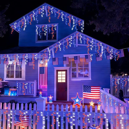 YEGUO 33ft 400 LED Red White and Blue Icicle Lights, 80 Drops 4th of July Icicle Lights for Outside Connectable, 8 Modes Clear Wire Independence Day String Light Indoor with Memory