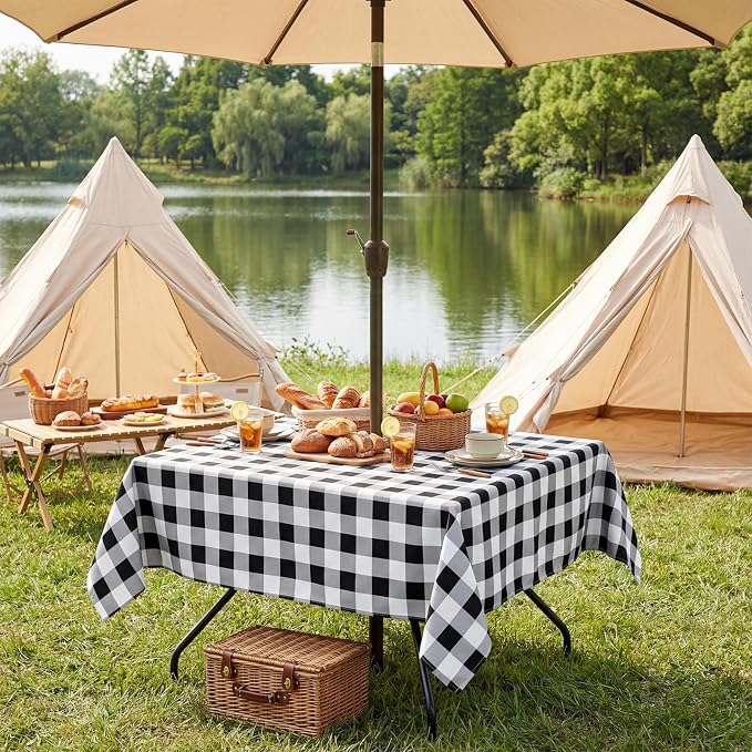 Poise3EHome Square Outdoor Tablecloth with Umbrella Hole and Zipper,Black and White Gingham 60x60 Inch,SpillProof Washable Table Cloth for Spring Summer Patio Garden Poolside Picnic Camping BBQS