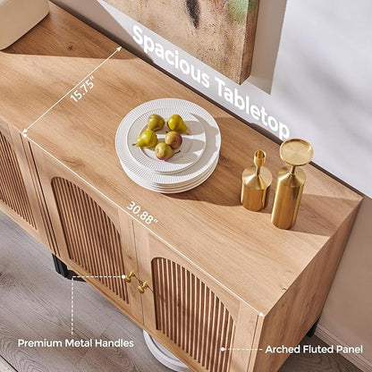 IFBUY Modern Sideboard Buffet Cabinet, 92.63" W Fluted Arched Buffet Cabinet with Storage and Adjustable Shelves, Wooden Modular Coffee Bar Cabinets for Kitchen, Entryway, Natural