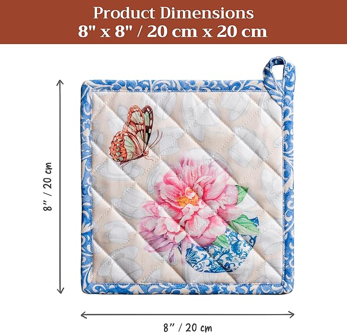 Maison d' Hermine Pot Holders 100% Cotton Heat Resistant Potholders 8" x 8" Hot Pads with Loop BBQ Cooking Baking Hotel Farmhouse Kitchen Handling Hot Pans Spring Summer (Pack of 2, Canton)