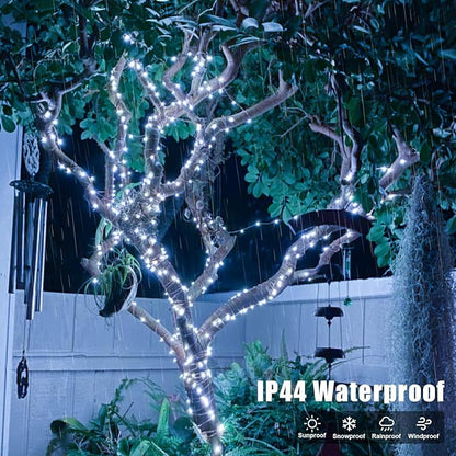 YEGUO 4 Pack White Solar Fairy Lights, Each 33ft 100 LED Christmas Lights Outdoor Waterproof, 8 Modes Sliver Wire Solar String Lights