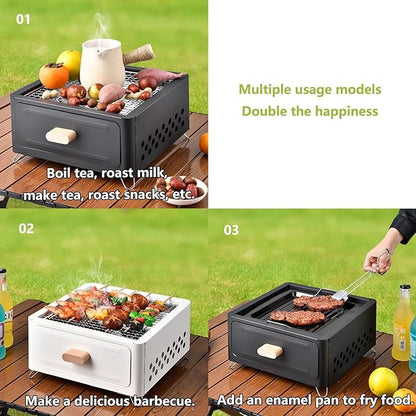 Desk Tabletop Outdoor Charcoal Grill Portable Small BBQ Grill Easy Assembly with Grid Lifter and Stainless Steel Grill Grate for Camping Picnics Garden Beach Party(Black A)