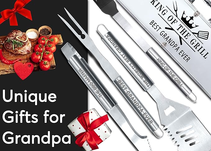 Bonsai Tree Fathers Day Grandpa Gifts, Gifts for Grandpa, Best Grandpas Ever Gift for Birthday - Cool Grilling BBQ Present for Grandfather from Grandkid - Papa Stainless Steel Metal Tool Set 4