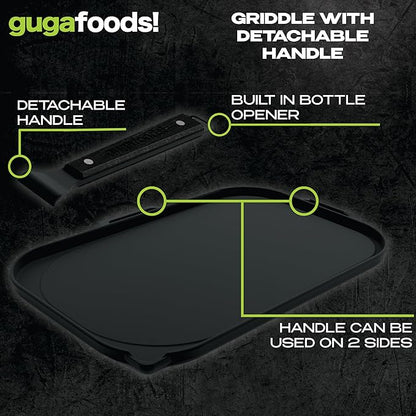 Guga Foods Ultimate Griddle Kit Set- Transform Any Grill or Stove, Includes Cast Iron Griddle with Detachable Handle, Stainless Steel Angled & Straight Edge Spatulas, For Cooking Indoor Or Outdoor