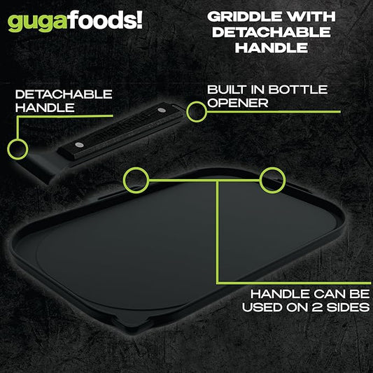Guga Foods Ultimate Griddle Kit Set- Transform Any Grill or Stove, Includes Cast Iron Griddle with Detachable Handle, Stainless Steel Angled & Straight Edge Spatulas, For Cooking Indoor Or Outdoor