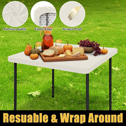 Smiry Rectangle Tablecloth, Elastic Fitted Flannel Backed Vinyl Tablecloths for 3ft Folding Tables, Waterproof Wipeable Table Covers for Indoor, Outdoor, Camping and Picnic (Beige, 42"x42")