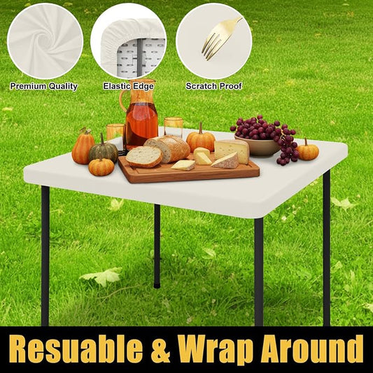 Smiry Rectangle Tablecloth, Elastic Fitted Flannel Backed Vinyl Tablecloths for 3ft Folding Tables, Waterproof Wipeable Table Covers for Indoor, Outdoor, Camping and Picnic (Beige, 42"x42")