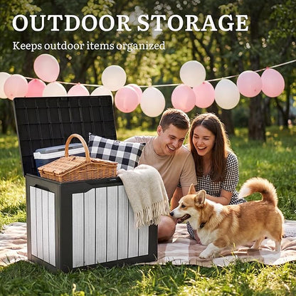 YITAHOME 30 Gallon Deck Box, Waterproof Resin Outdoor Storage Box, Doubles as Bench Seating for Patio Furniture Cushions,Garden Tools & Pool Accessories, Black & Gray