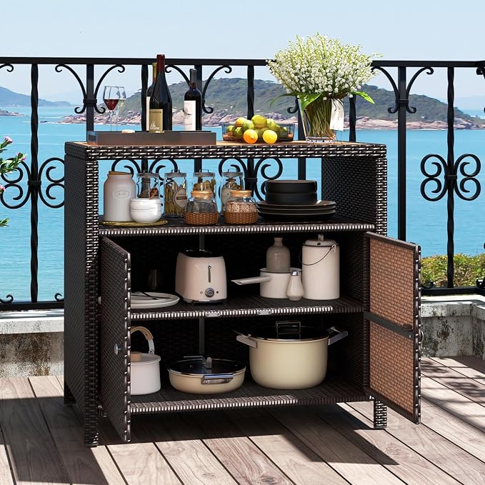Wicker Outdoor Storage Cabinet, Rattan Patio Bar Table with Acacia Wood Countertop, Open Compartment & 2 Doors, Outdoor Buffet Cabinet Sideboard for Poolside, Garden, Backyard (Mix Brown)