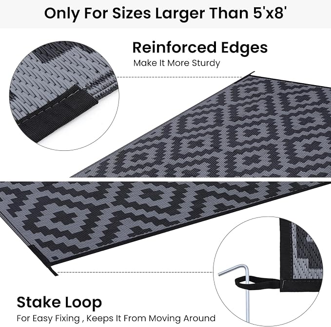 Smiry Outdoor Rug 9x12 ft Waterproof Reversible Boho Mat, Black & Grey | Polypropylene Plastic Straw, Quick Drying, Lightweight Foldable, for Patio, Deck, RV Camping, Backyard and Indoor Outdoor Use
